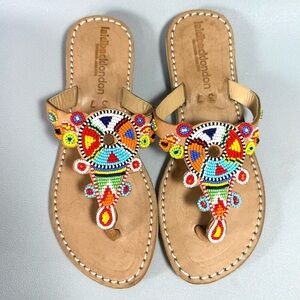 Laidback London Simba Flat Light Brown Tribal Beaded Thong Sandals